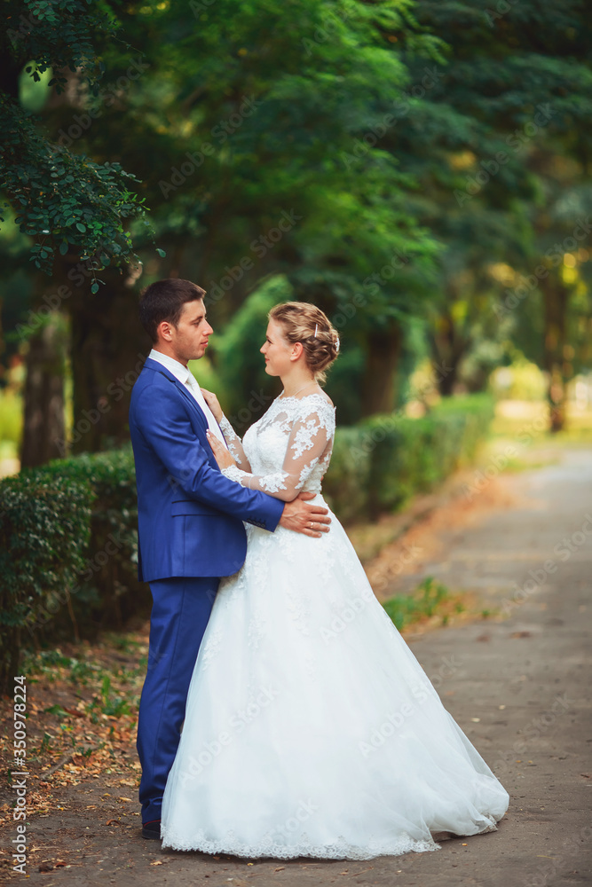 Newlywed couple in the park. Just married. Walk in the park and hug.