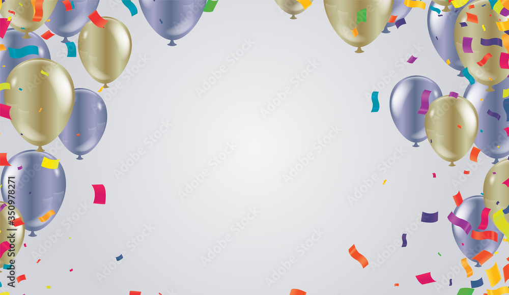 lebration golden background with balloons and confetti. Vector illustration