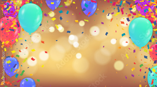 Colored confetti with ribbons and balloons on the white. Eps 10 vector file.