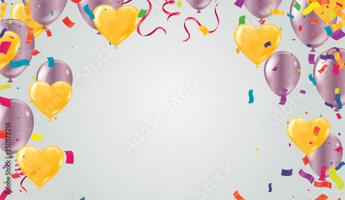 Colored confetti with ribbons and balloons on the white. Eps 10 vector file.