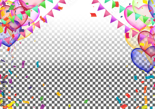 Colored confetti with ribbons and balloons on the white. Eps 10 vector file.