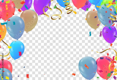 Colored confetti with ribbons and balloons on the white. Eps 10 vector file.