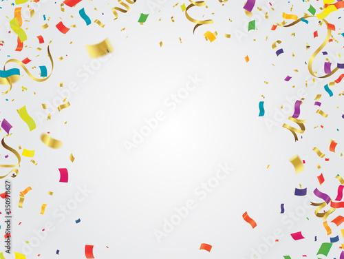 Colored confetti with ribbons and balloons on the white. Eps 10 vector file.