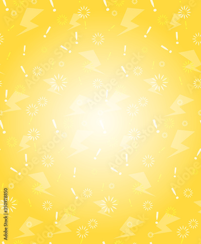 Seamless bright abstract background with lightning, exclamation points and flowers on yellow background. Urgent, new, speed concept. Vector illustration
