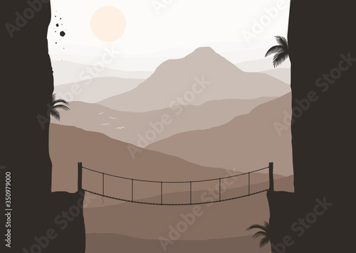 The silhouette of the rope bridge hanging between both sides of the abyss has endless mountain views background,vector illustration.