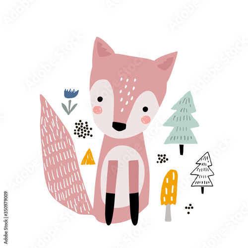 Cute cartoon fox print. Childish print for nursery, kids apparel,poster, postcard. Vector Illustration