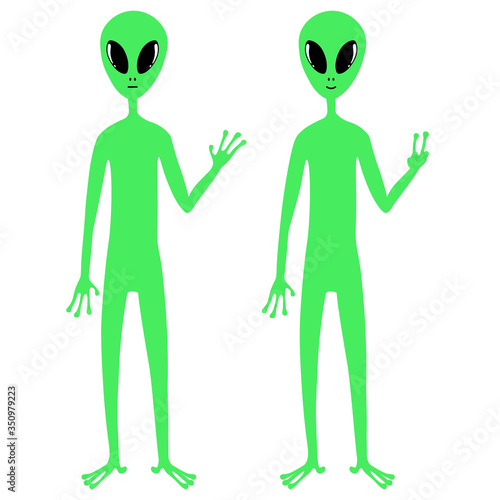 Vector illustration. A set of two cute green aliensisolated on white. A friendly greeting and a sign of peace. Hand drawn simple doodle clipart. Space and ufo theme. Ideal for poster, banner, cards.