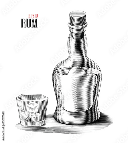 Rum bottle with glass illustration vintage engraving style black and white clipart isolated on white background