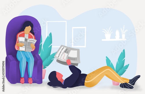 Two roommates reading newspaper sit on sofa at home and  lay down on the floor,announcement , promotion, news, advertising, commercial concept photo