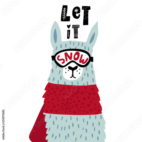 Cute cartoon llama in ski glasses. Childish alpaka print for nursery, kids apparel,poster, postcard. Vector Illustration
