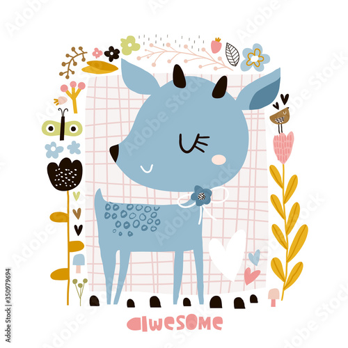 Cute cartoon deer in floral frame in scandinavian style. Childish print for nursery, kids apparel,poster, postcard. Vector Illustration