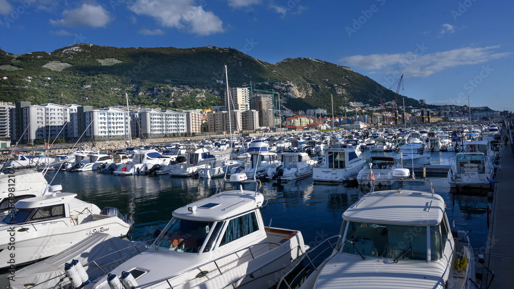 Boats moored at a marina, Gibraltar, British Overseas Territory, Iberian Peninsula