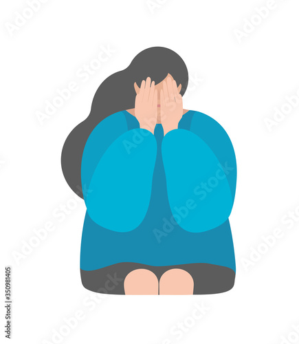 Vector isolated illustration in flat style with woman closing face by hands and crying. Bad feeling after grief. Isolation as factor of emotional stress and melancholia. Problem to keep mental health.