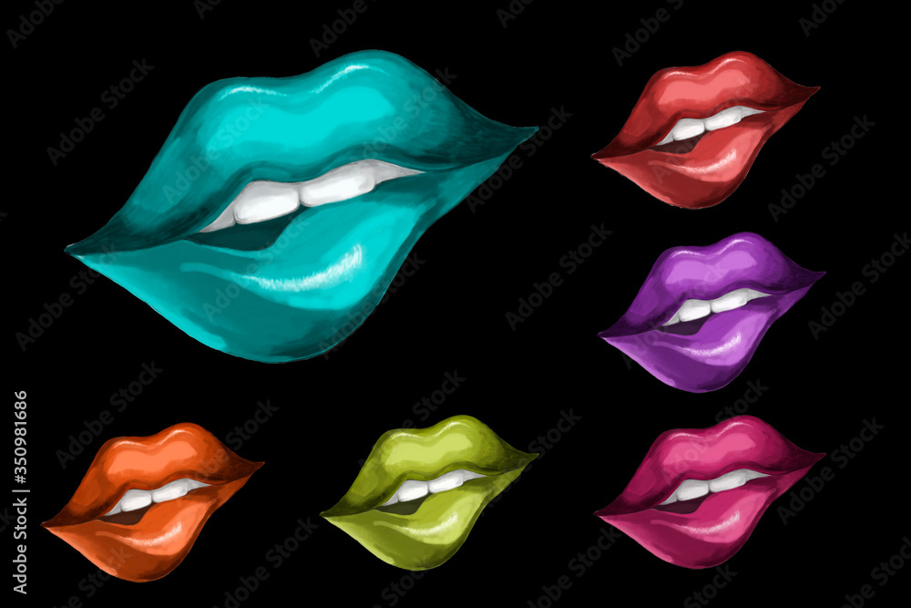 Neon lips on a black background. Icon. Color. Red, Blue, Green, Pink, Orange
Neon lips on a black background. Icon. Color. Red, Blue, Green, Pink, Orange