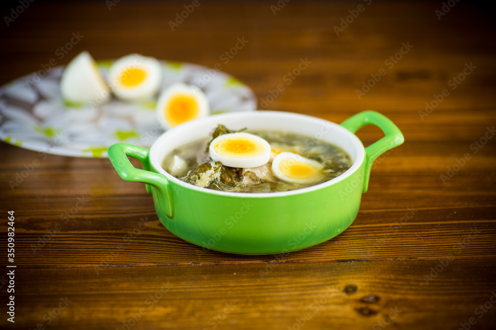 fresh spring organic soup with green sorrel and egg in a plate fresh spring organic soup with green sorrel and egg in a plate