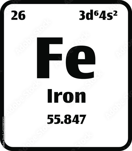 Iron (Fe) button on black and white background on the periodic table of elements with atomic number or a chemistry science concept or experiment.	