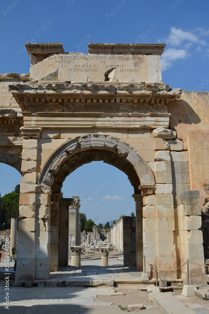 Celsus Library in Ephesus ancient city, Selcuk, Turkey. Gate of Mazeus
