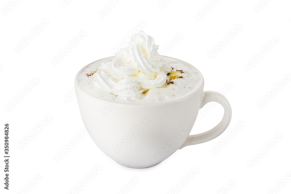 Turmeric latte, soy milk latte in white cup with whipped cream, on white background
Turmeric latte, soy milk latte in white cup with whipped cream, on white background