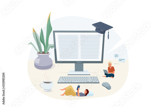 Online home e-learning education vector illustration. Learning design isolated on white background with computer, people reading, plant, computer mouse, keyboard, graduation hat
