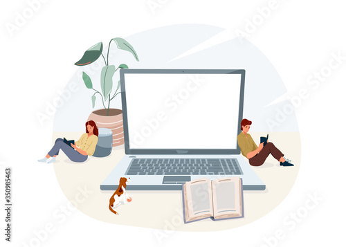 Online elearning education at home vector illustration. Learning design isolated on white background with laptop, people reading, plant, pet dog, open book and stack of their. Center empty space
