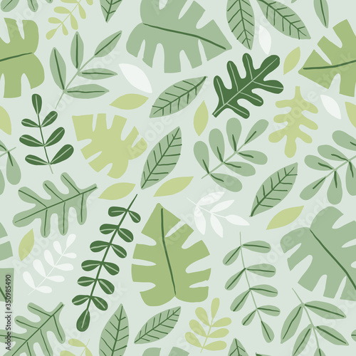 Seamless pattern with tropical jungle leaves. Beautiful summer print with hand drawn exotic plants. Swimwear, fashion, botanical design. Vector illustration.