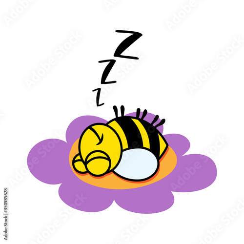 Cute bee sleeping on a flower, with zzz text. Doodle style vector illustration. Cute little hand drawn Bumblebee sketch illustration. Happy fat baby bee sleeping in a flower. Bee doodl. Print art.