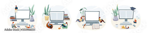Online elearning education at home vector illustration. Learning set isolated on white background with laptop or computer, people reading books or netbook