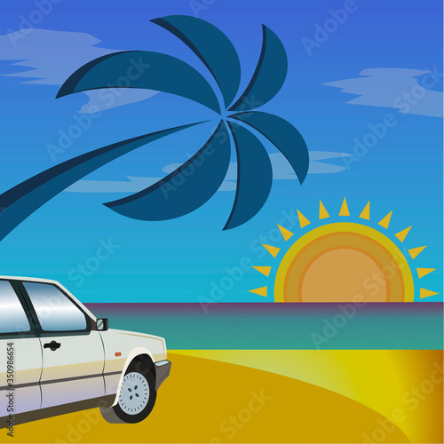 Wallpaper Mural Beach car and palm. Sunset over the ocean Torontodigital.ca