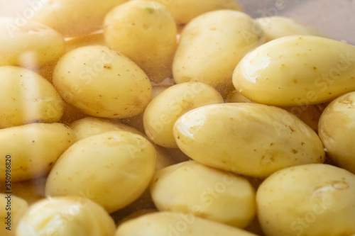 lots of fresh peeled whole potatoes in a bowl of water