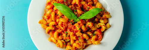 Cooked cellentani pasta with cooked chicken breast and peppers in a spicy tomato and jalapeno dressing photo