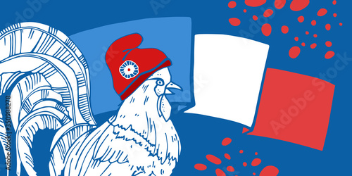 Bastille Day design template with gallic rooster and national flag of France. Hand drawn vector sketch illustration