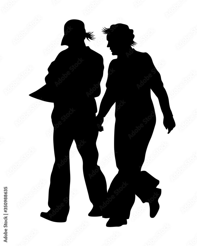 Young man and woman walking at street. Isolated silhouette on a white background Young man and woman walking at street. Isolated silhouette on a white background