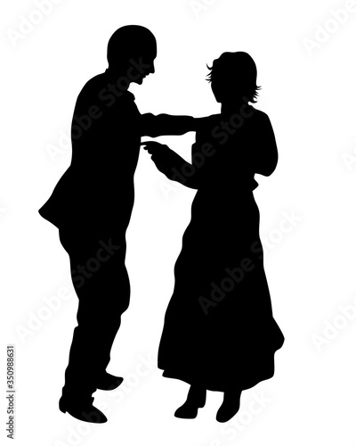 Young man and woman walking at street. Isolated silhouette on a white background