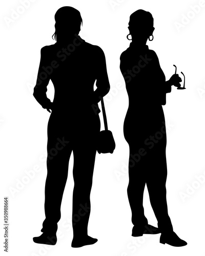 Young man and woman walking at street. Isolated silhouette on a white background