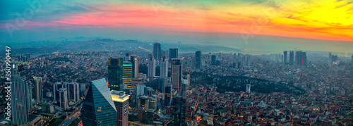 Istanbul sunset skyline aerial panoramic view from Sapphire tower, Levent Financial District, Istanbul Turkey. Beautiful Bosphorus Bridge, business towers, modern offices, central banks, skyscrapers