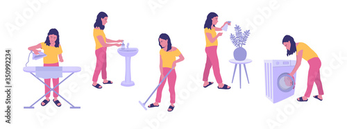 Scenes with woman doing housework. 
The girl washes the floor, washes her hands, wash clothes, watering the flowers, ironing and cleaning. Illustration set. Flat cartoon vector. 