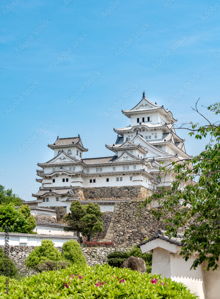 Himeji, Japan - May 06, 2019: Main tower of the Himeji Castle, the white Heron castle, Japan. UNESCO world heritage site after restauration and reopening.