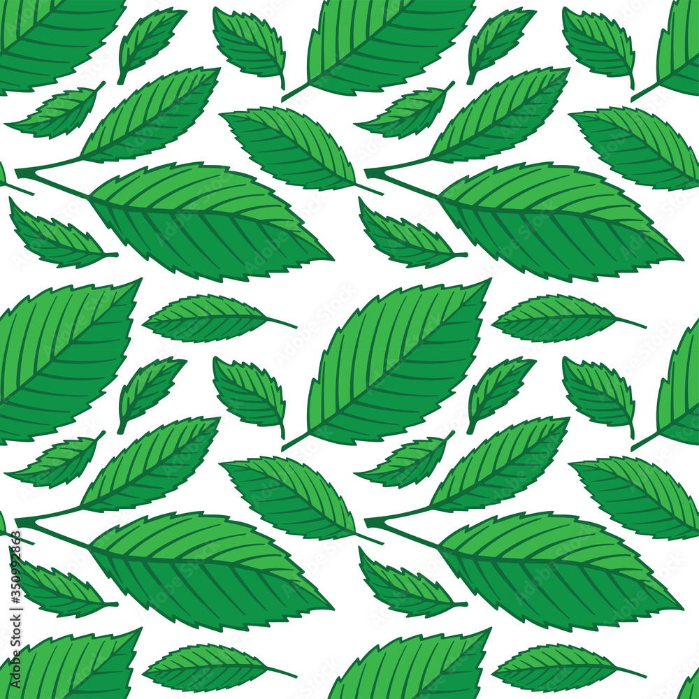 Green leafs hand drawn seamless background. Different shape leafs sketch drawing endless pattern. Part of set.