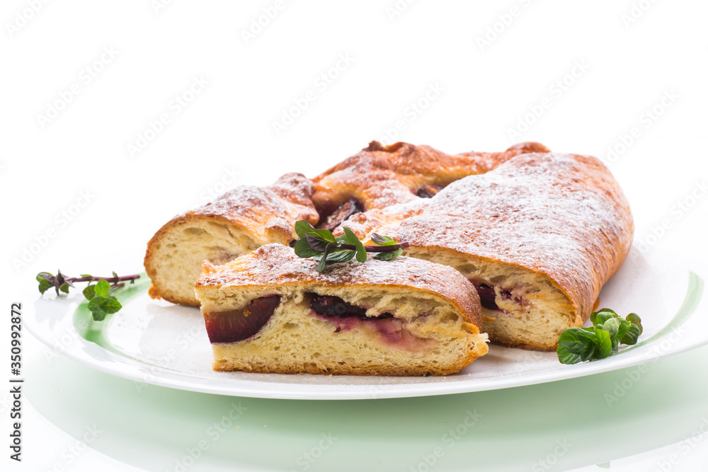 sweet baked homemade plum cake with icing sugar sweet baked homemade plum cake with icing sugar