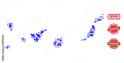 Vector handmade composition of Canary Islands map and rubber watermarks. Mosaic Canary Islands map is made of random blue hands. Rounded and awry red watermarks with grunge rubber texture.