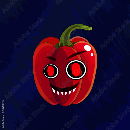 Angry pepper. The child does not want to eat vegetables. A cartoon character, paprika with a mad face. Long protruding tongue, fangs, eyes. Scary monster. Expression of anger. Mad character. 