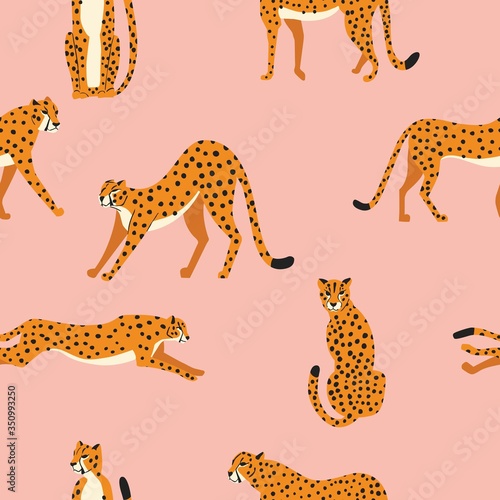 Seamless pattern with hand drawn exotic big cat cheetahs, stretching, running, sitting and walking on pink background. Colorful flat vector illustration