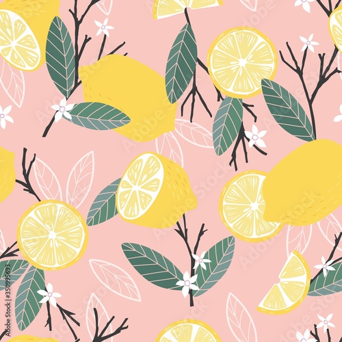Fruit seamless pattern, lemons with branches and leaves on pink background, summer vibrant design. Exotic tropical fruit. Colorful vector illustration