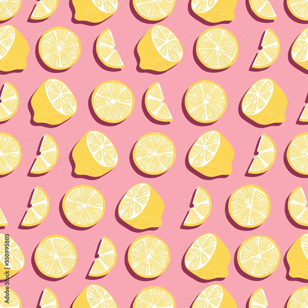 Fruit seamless pattern, lemons with shadow on pink background. Summer vibrant design. Exotic tropical fruit. Colorful vector illustration Fruit seamless pattern, lemons with shadow on pink background. Summer vibrant design. Exotic tropical fruit. Colorful vector illustration