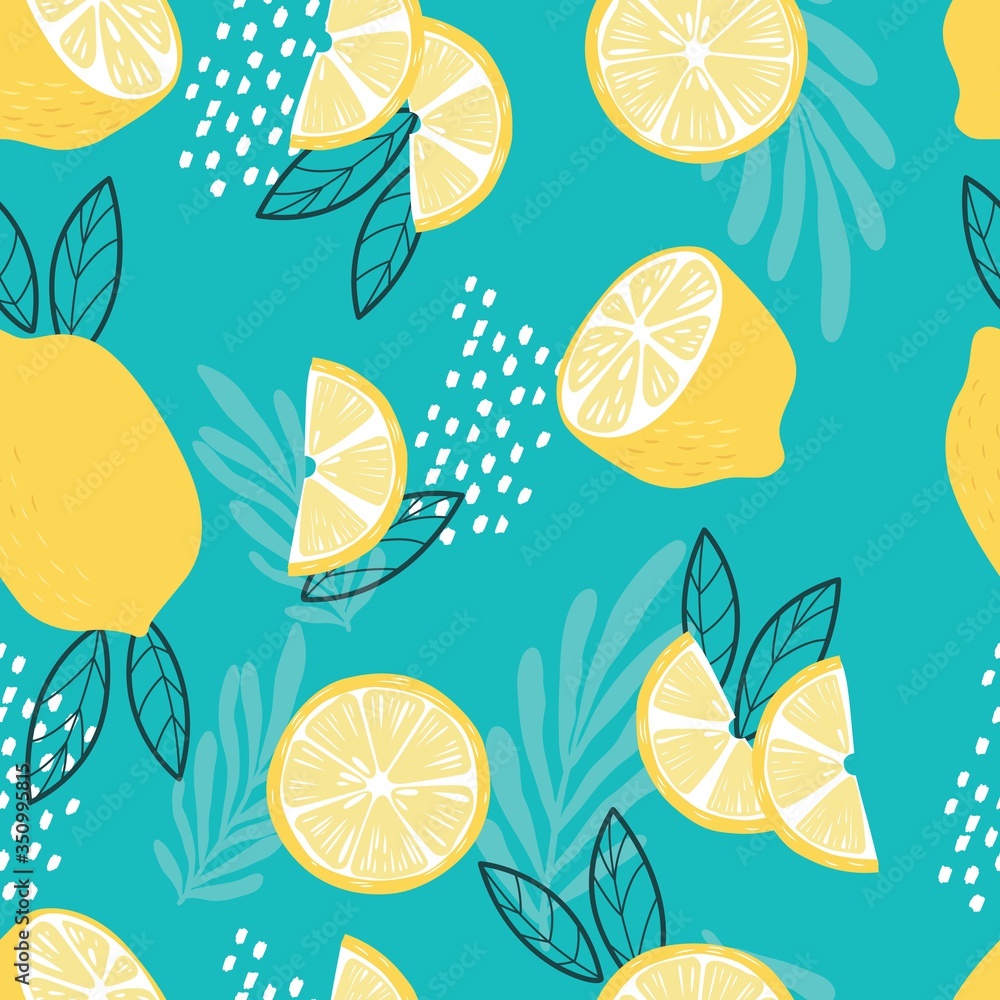 Fototapeta Fruit seamless pattern, lemons with tropical leaves and abstract elements on bright blue background. Summer vibrant design. Exotic tropical fruit. Colorful vector illustration
