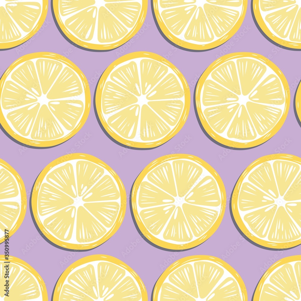 Fruit seamless pattern, lemon slices with shadow on purple background. Summer vibrant design. Exotic tropical fruit. Colorful vector illustration