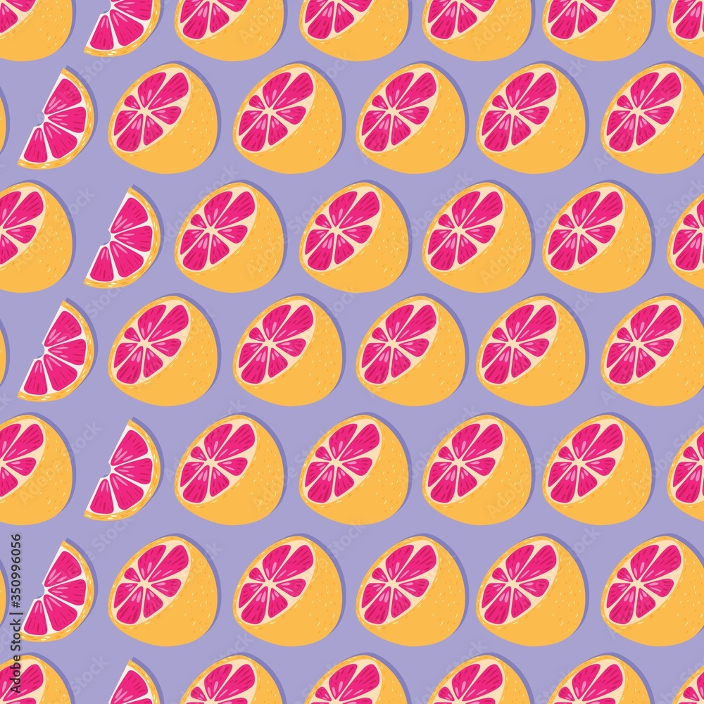 Fruit seamless pattern, grapefruit halves and slices on purple background. Summer vibrant design. Exotic tropical fruit. Colorful vector illustration