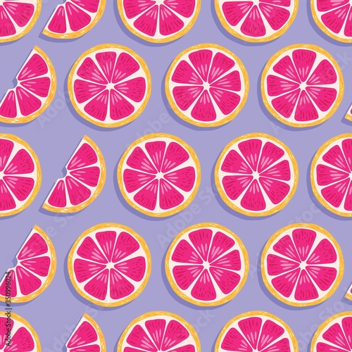 Fruit seamless pattern, grapefruit slices with shadow on purple background. Summer vibrant design. Exotic tropical fruit. Colorful vector illustration