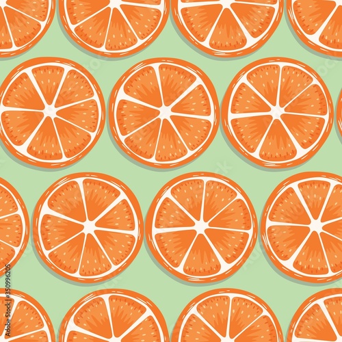 Fruit seamless pattern, orange slices with shadow on light green background. Summer vibrant design. Exotic tropical fruit. Colorful vector illustration