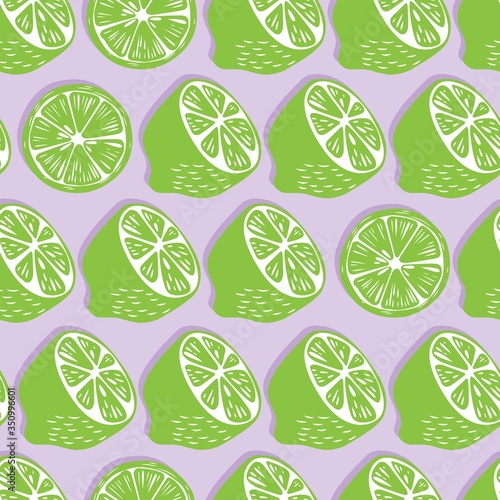 Fruit seamless pattern, lime halves and slices with shadow on light purple background. Summer vibrant design. Exotic tropical fruit. Colorful vector illustration